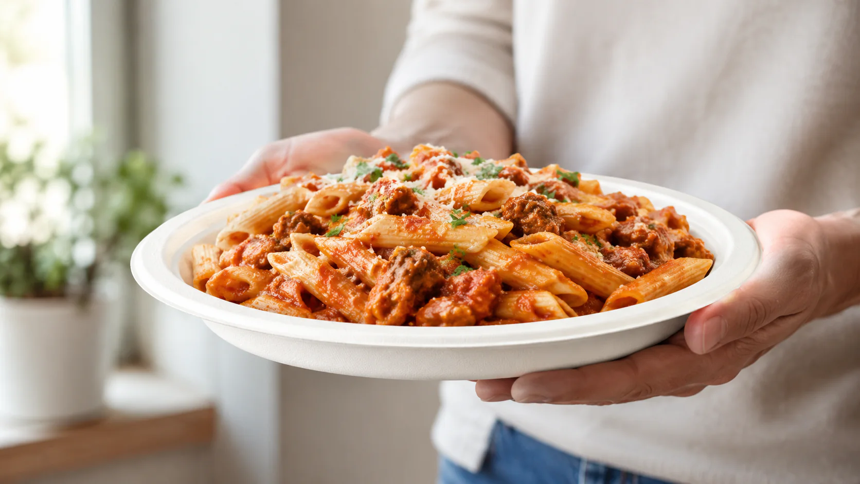 Bagasse plate holding pasta to demonstrate loaded foodservice use