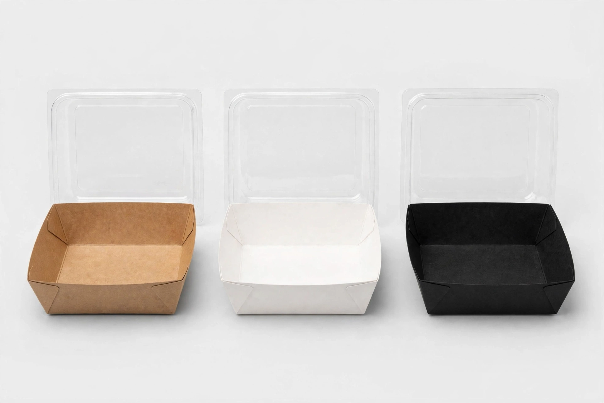 Kraft, white and black paper sushi boxes with clear lids