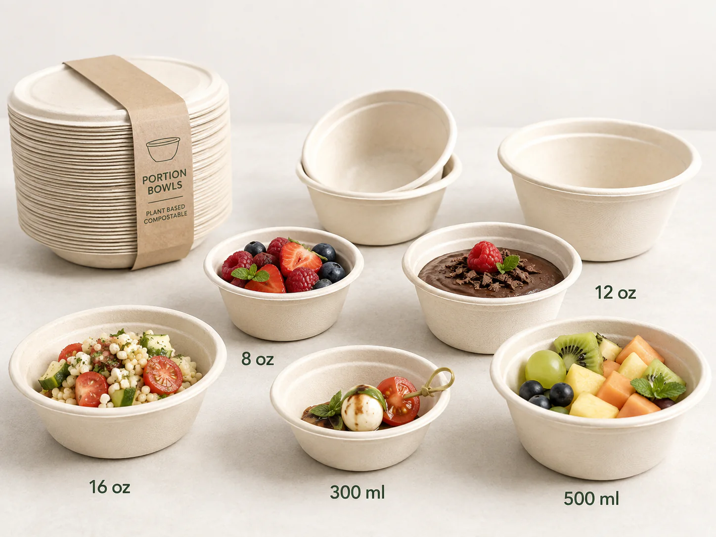 Small bagasse portion and dessert bowls in 8 oz to 500 ml formats