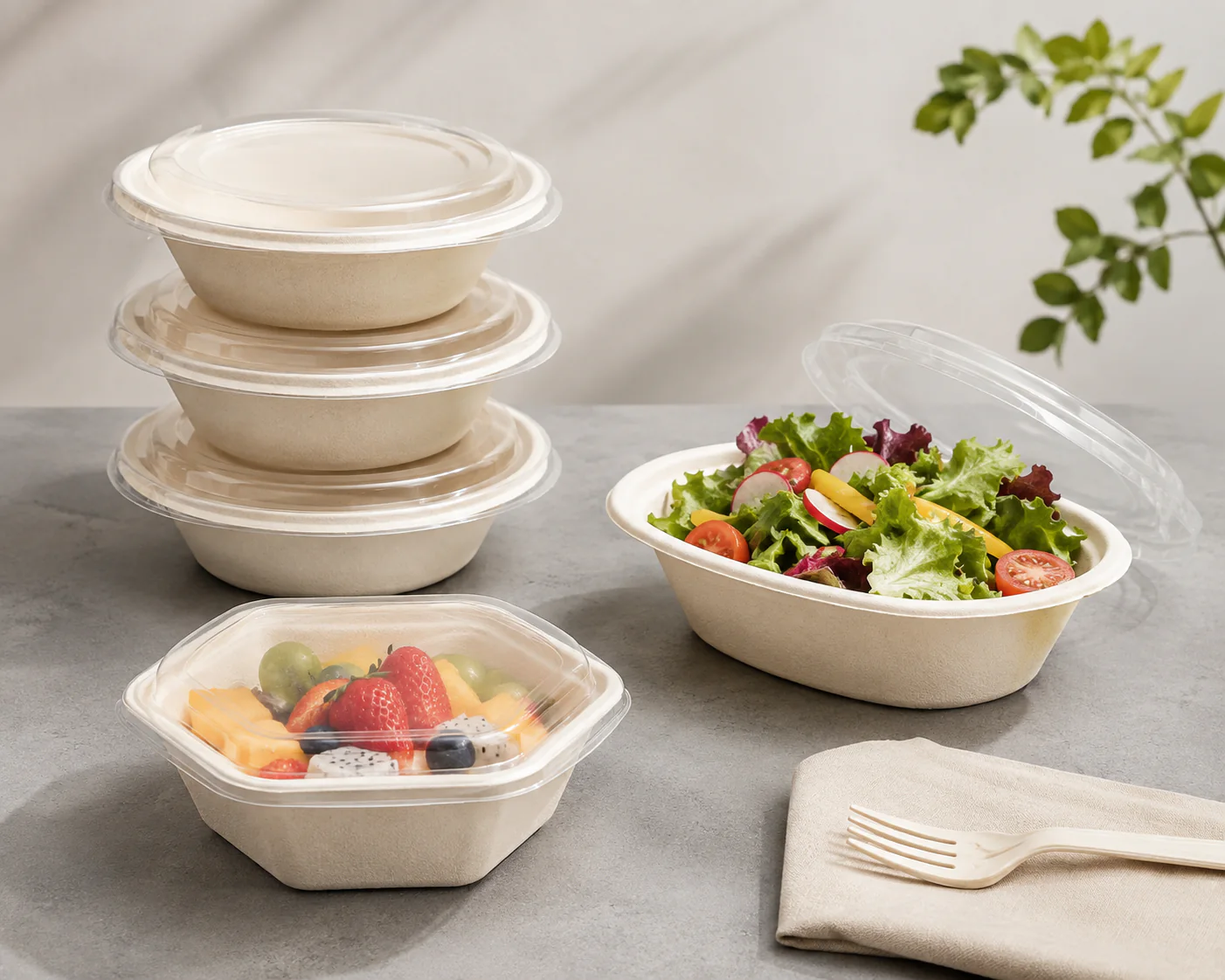 Round bagasse salad bowls with clear presentation lids