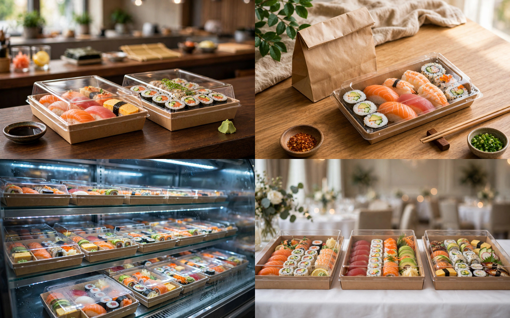 Paper sushi boxes with clear lids in restaurant, delivery, retail and catering settings