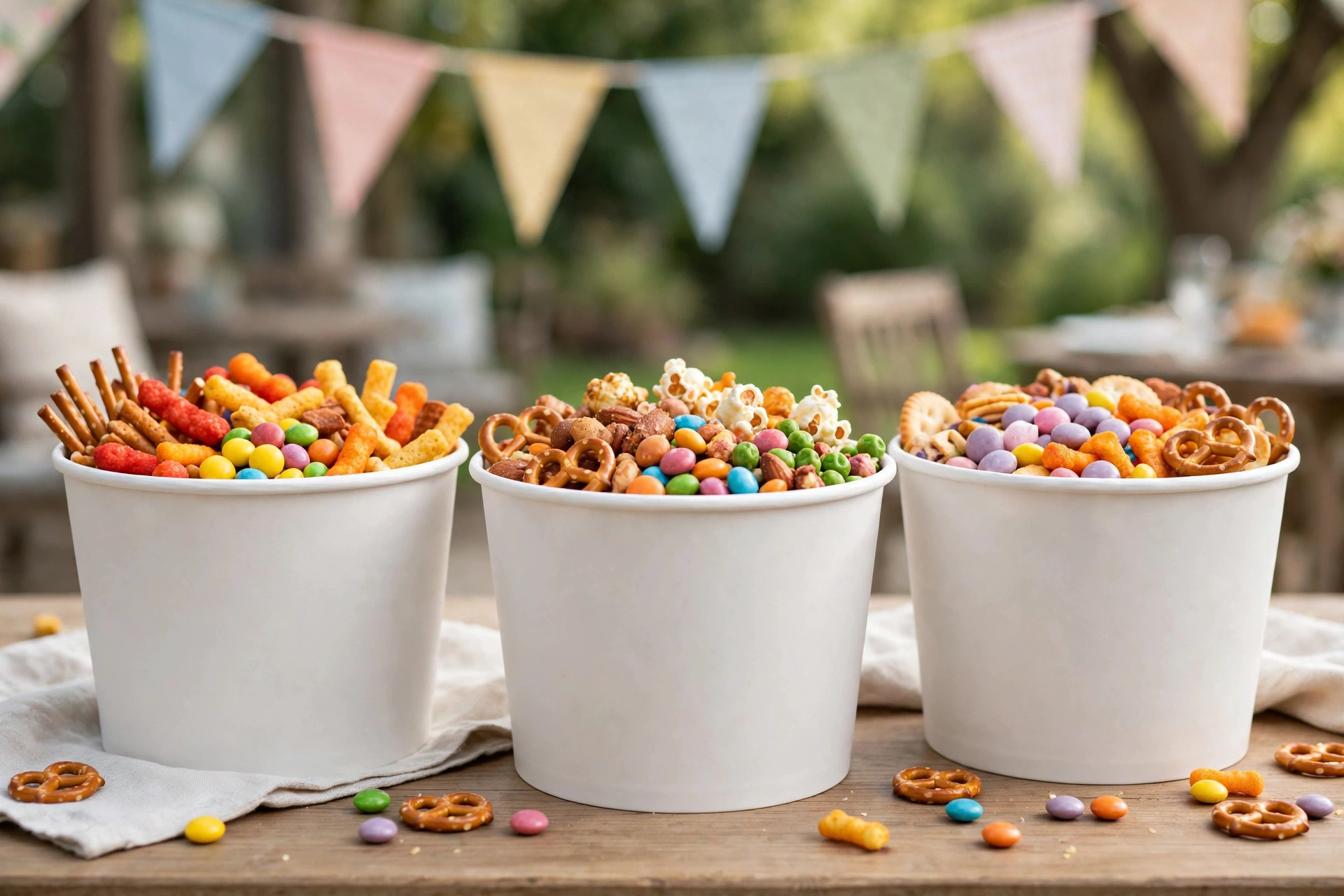 Family-size paper food buckets at a party catering table