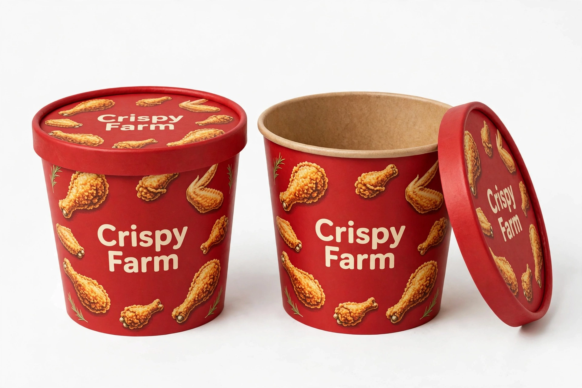 Printed chicken buckets with matching lids, fictional brand Crispy Farm