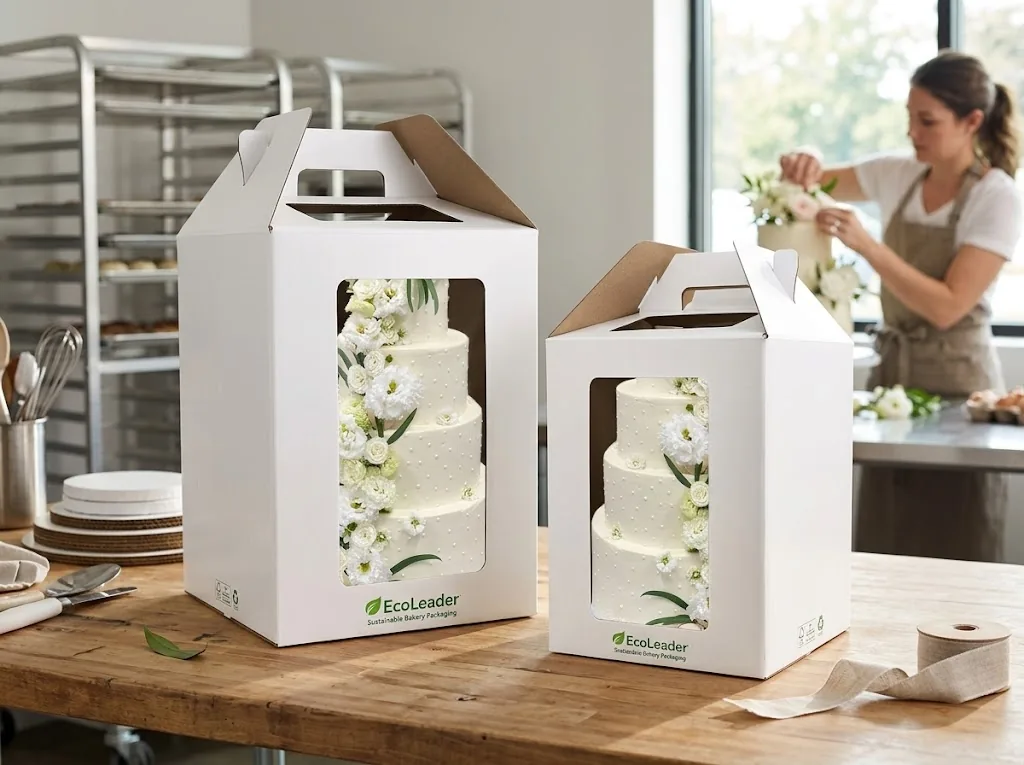 Tall white wedding cake boxes with handles and clear front windows displaying tiered floral cakes