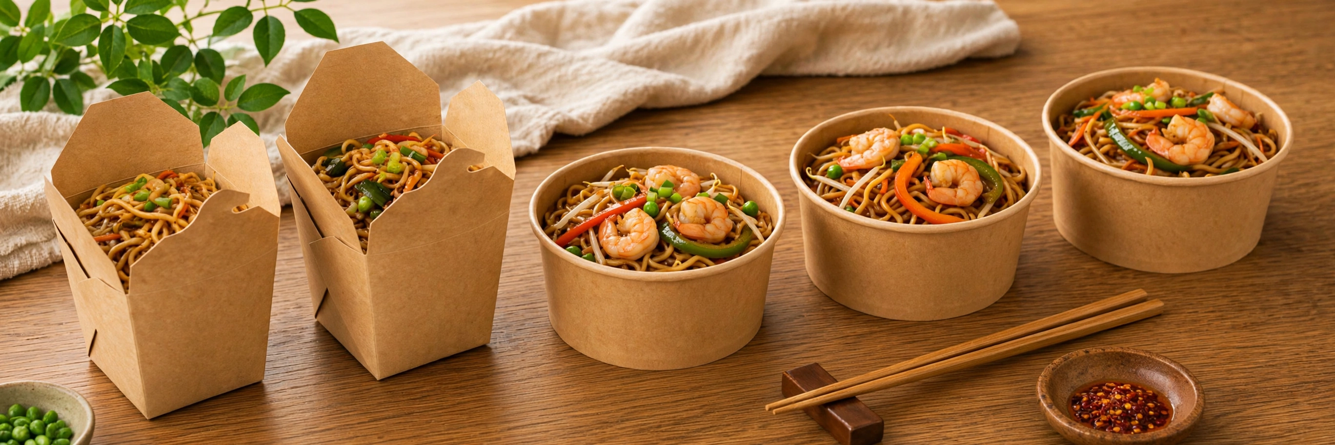 Kraft paper noodle boxes and round tubs filled with stir-fried noodles
