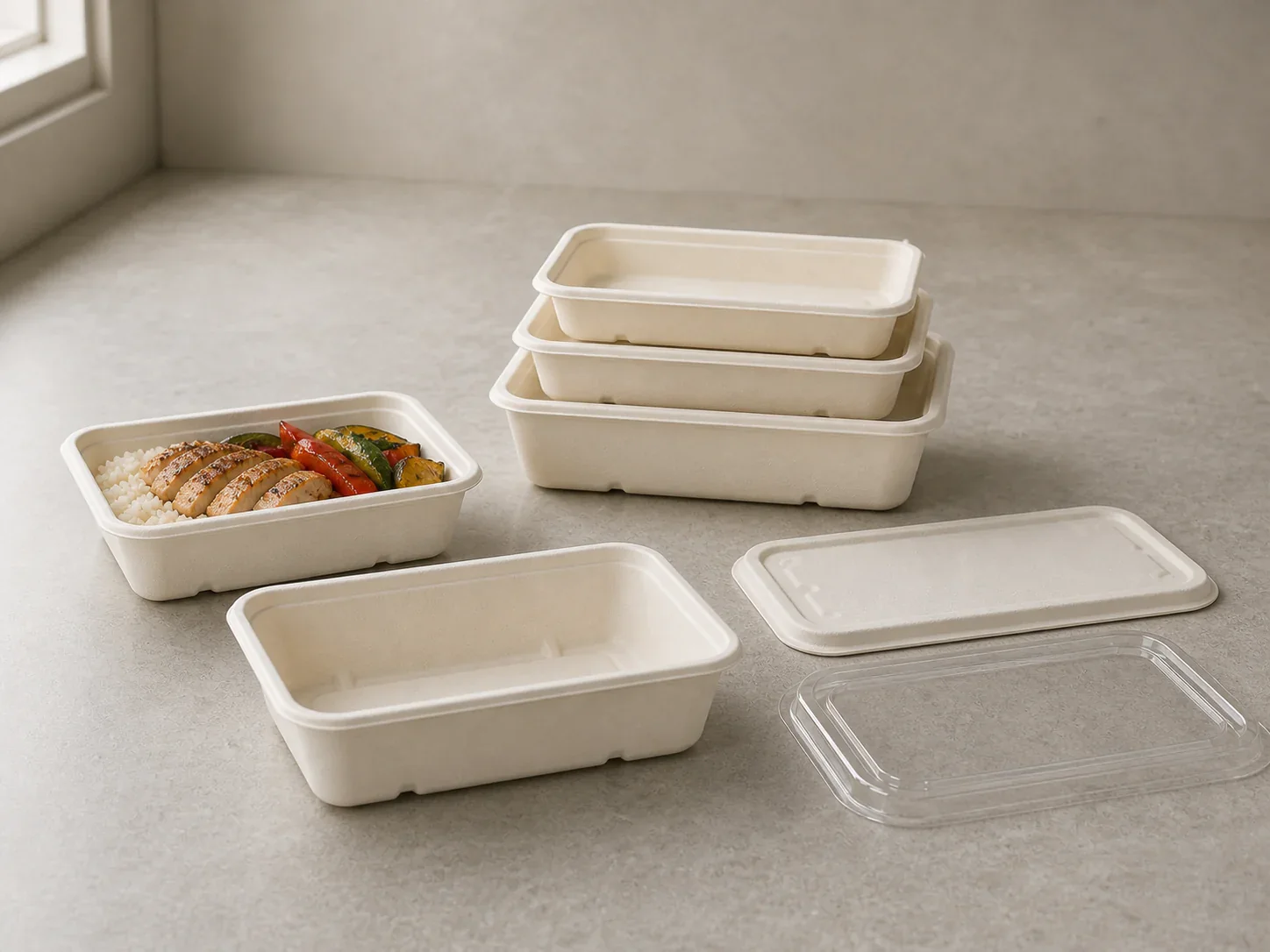 180 by 125 millimetre bagasse food containers in multiple depths