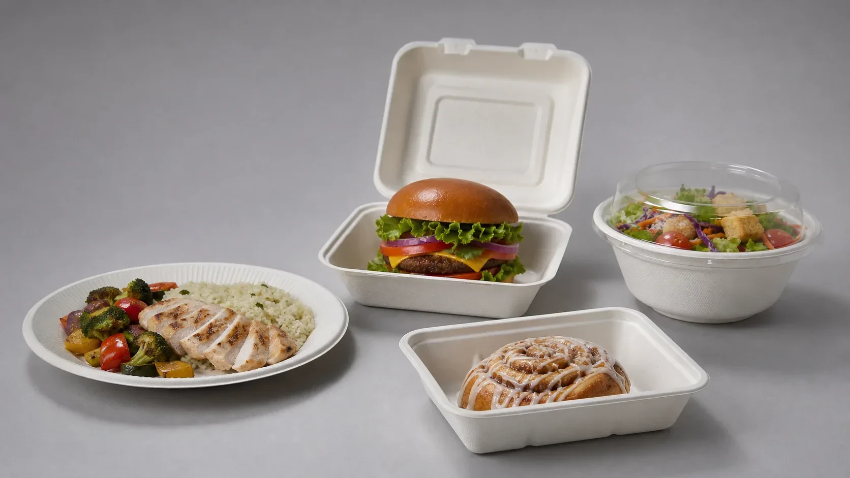 EcoLeaderPack molded sugarcane bagasse containers, plates, bowls and trays
