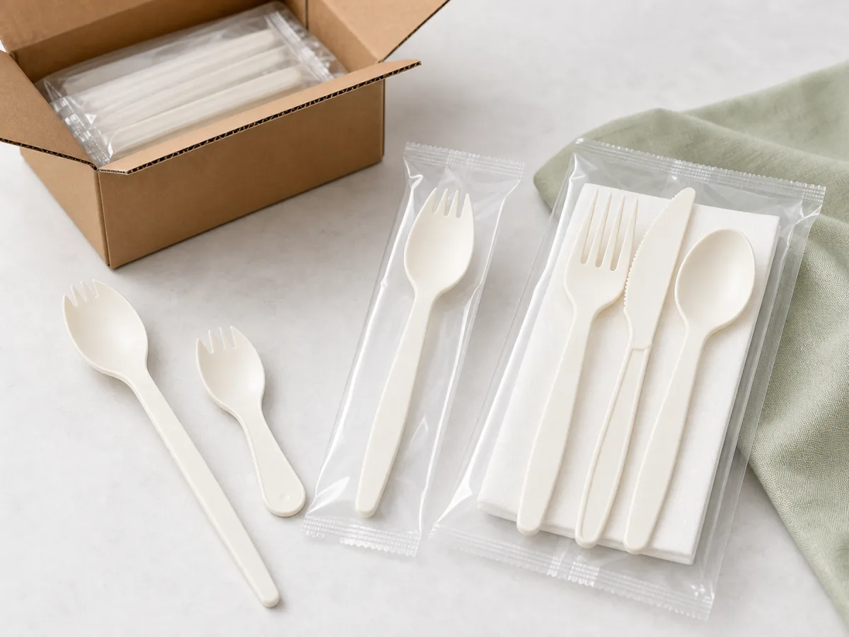 Wrapped cornstarch cutlery and meal-kit combinations for catering and events
