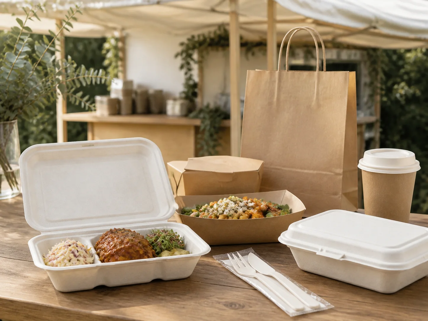 Bagasse clamshells, a kraft food tray, paper cup, cutlery and paper bag at an outdoor event counter