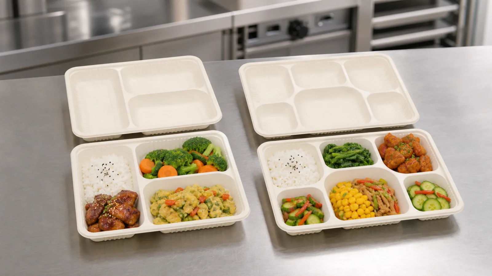 Four- and six-compartment cornstarch-based meal containers in foodservice use