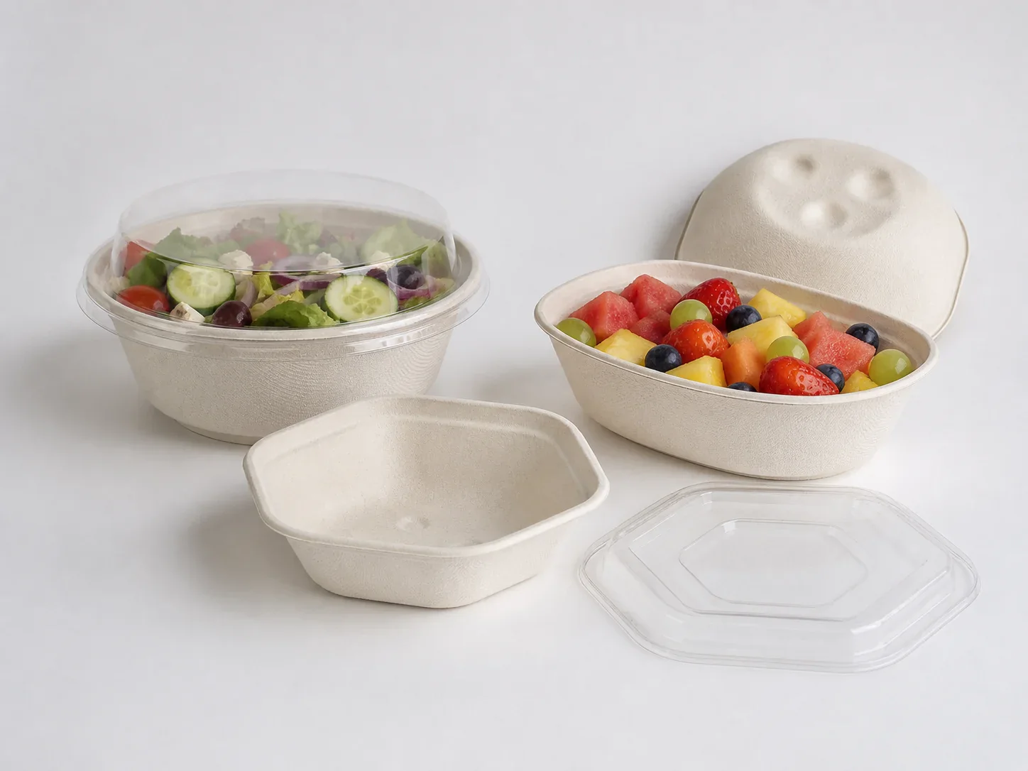 Round hexagonal and oval bagasse salad bowl range