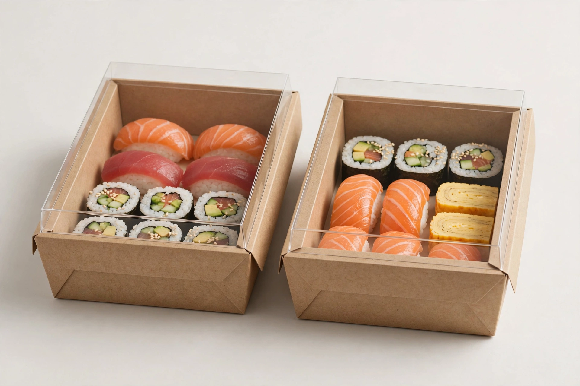 Kraft paper sushi boxes with clear lids filled with sushi