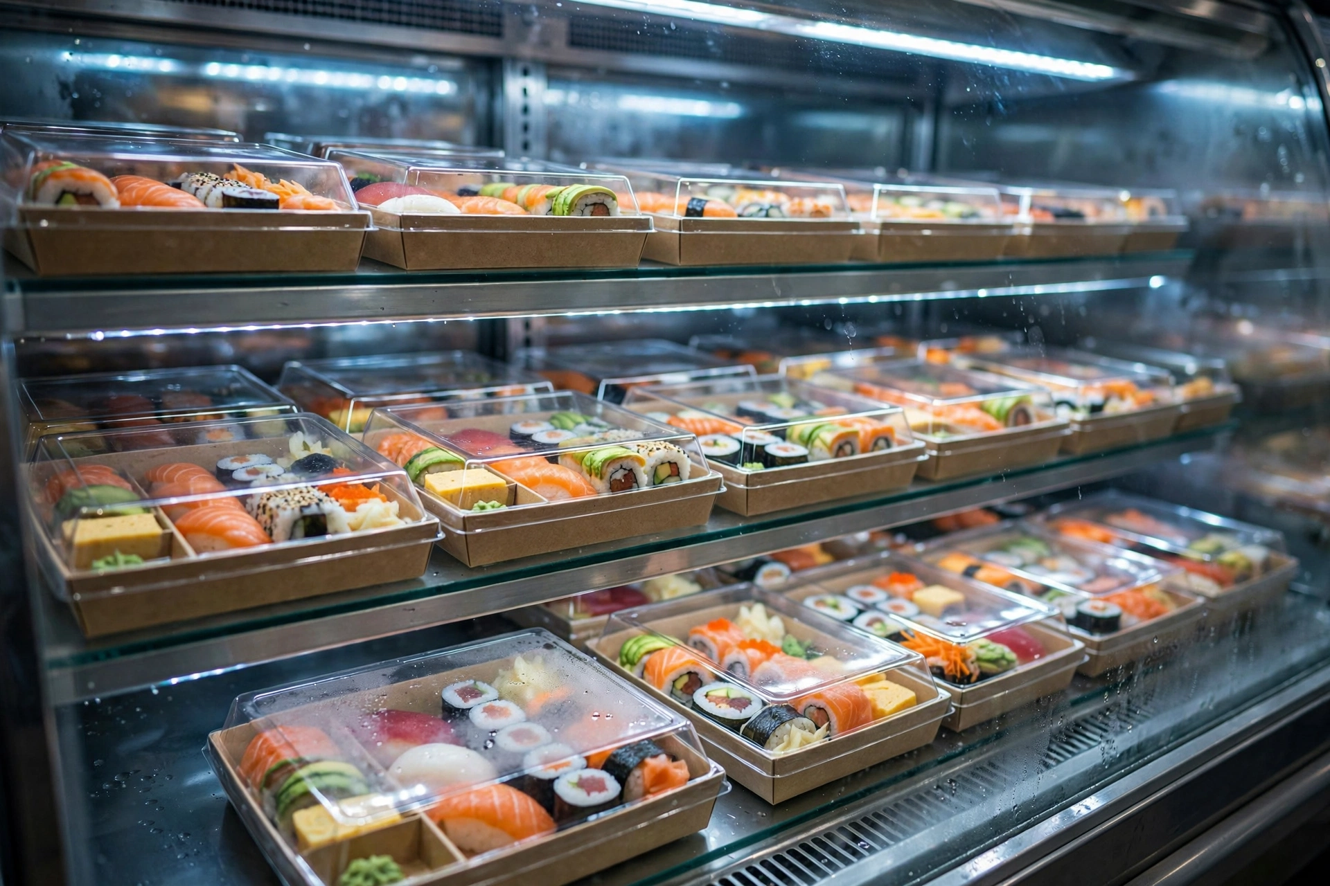 Clear-lid paper sushi boxes in a supermarket chilled display