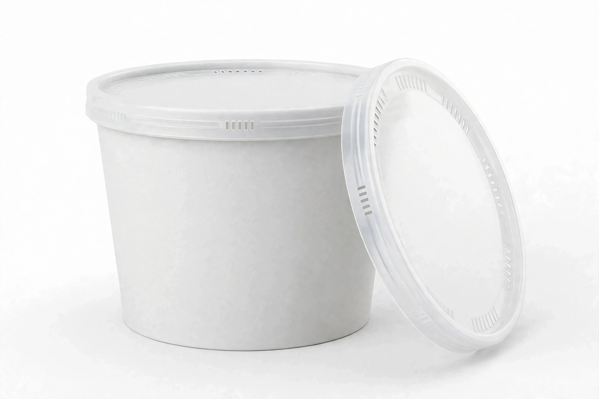 Vented plastic lid for paper food bucket