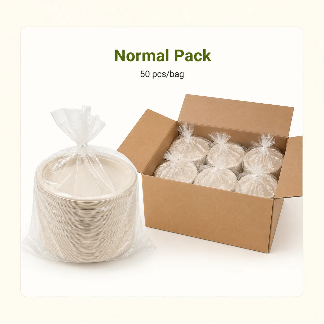 Bagasse plates packed in clear inner bags and export cartons