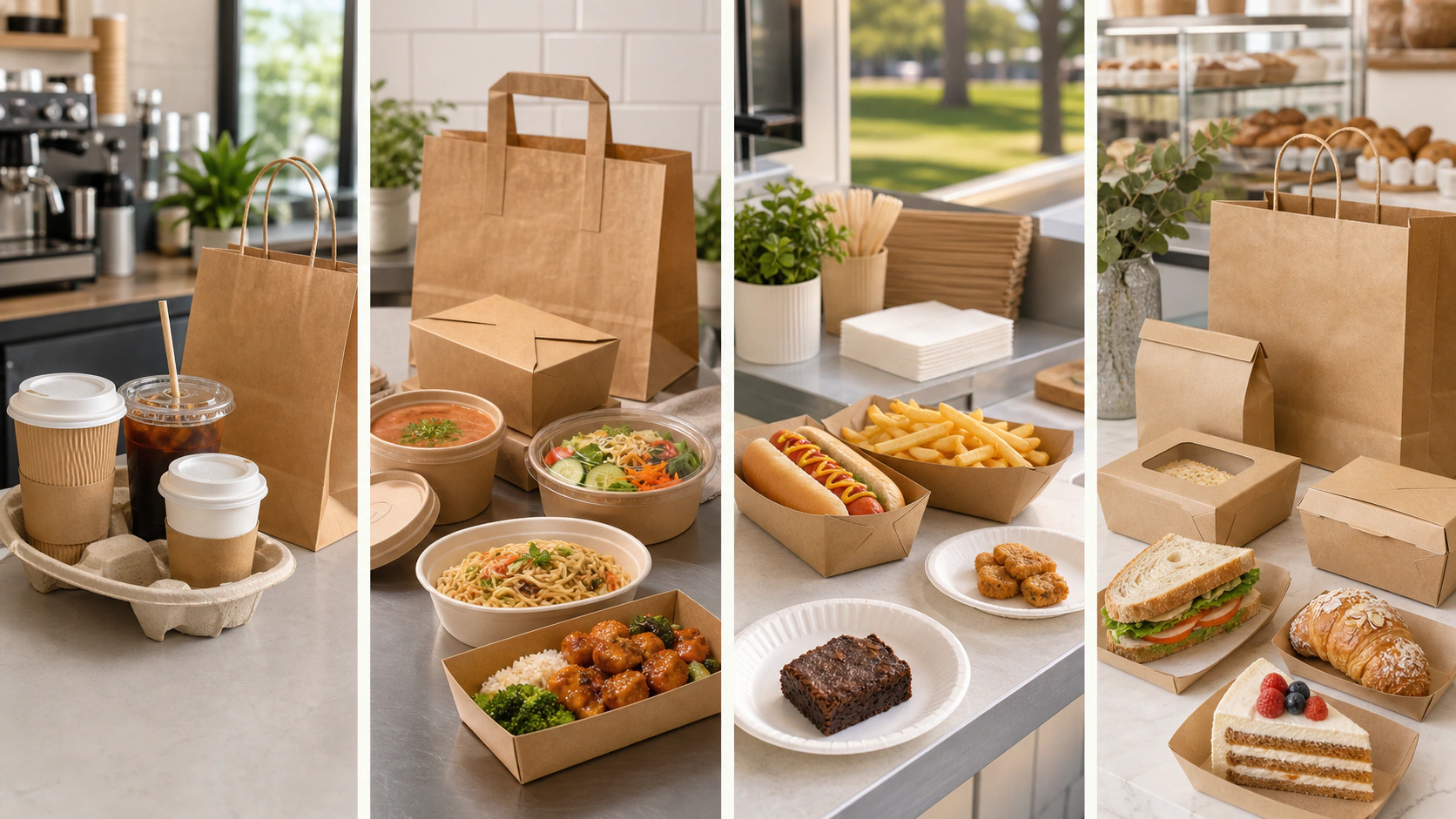 Four takeaway service scenes for coffee, prepared meals, fast food and bakery orders