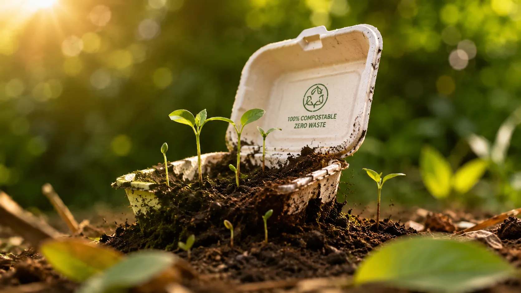 Compostable bagasse clamshell returning to soil