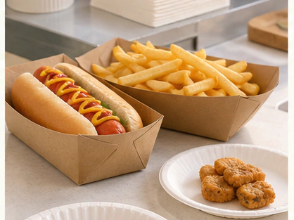 Hot dog, fries and dessert served in kraft takeaway trays for a burger and fries order