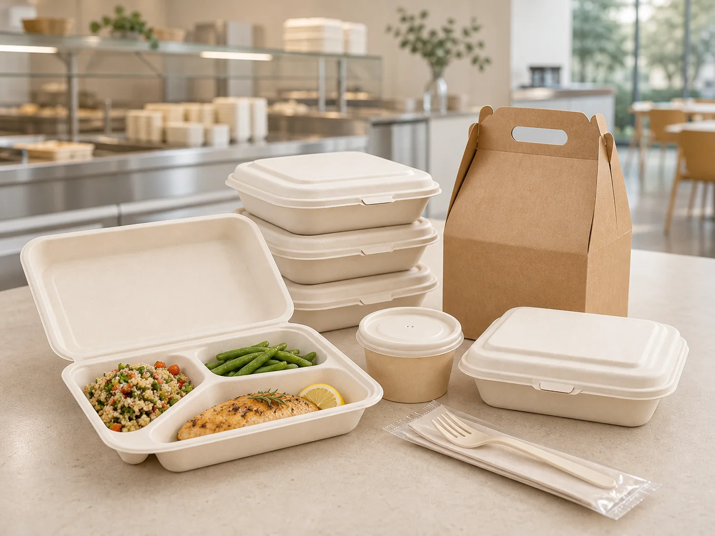 Bagasse meal containers, a soup bowl, wrapped cutlery and a kraft meal carrier in a corporate catering setting