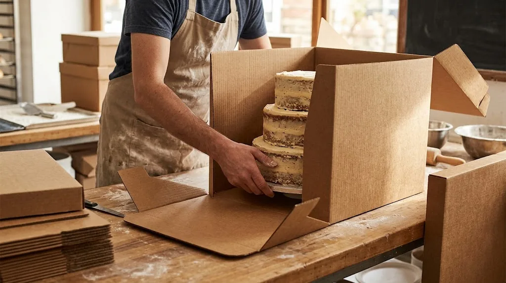 Baker placing a three-tier cake into a heavy-duty corrugated Kraft cake box