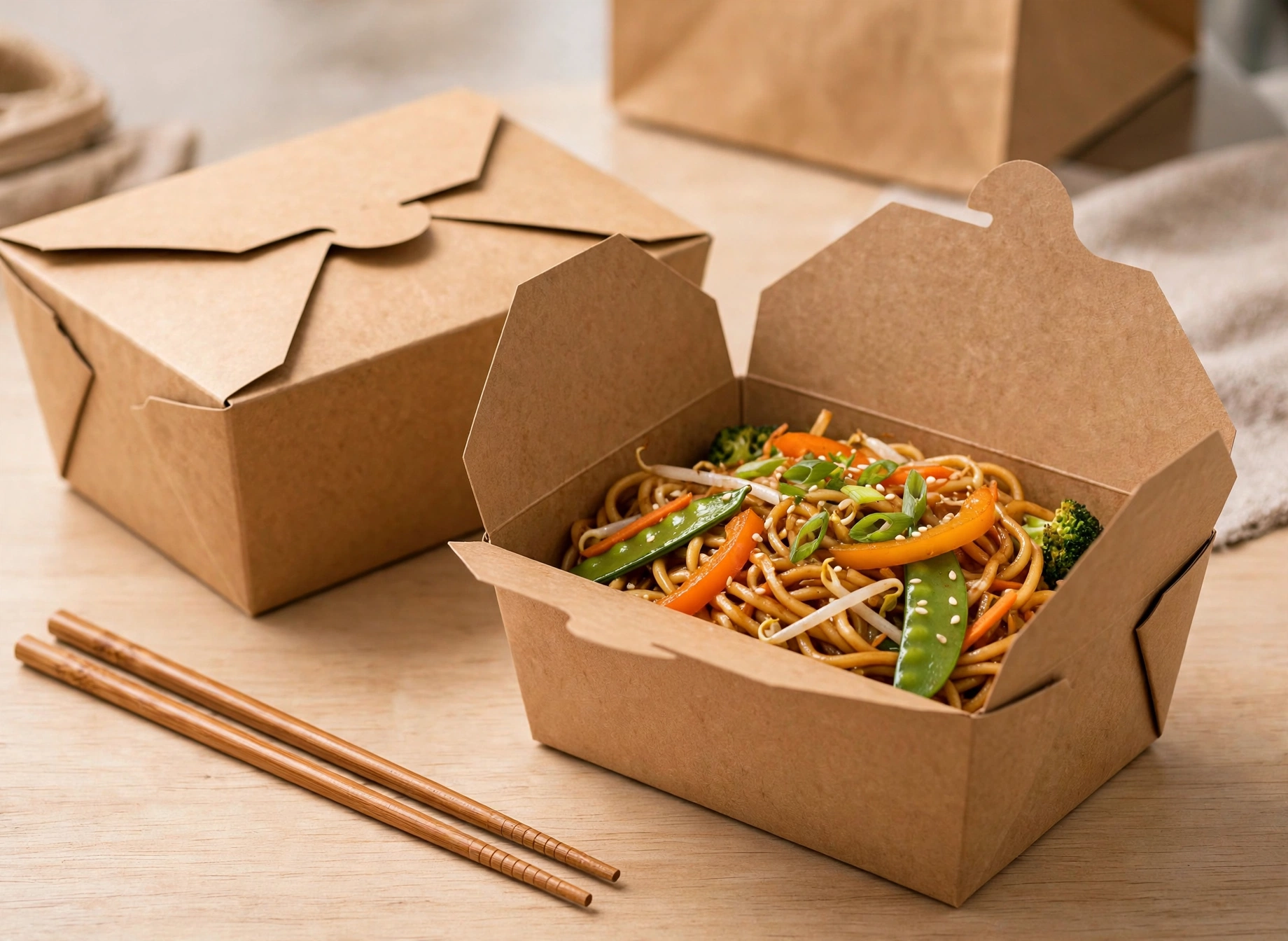 Open kraft paper takeout boxes for noodles, rice dishes and prepared meals