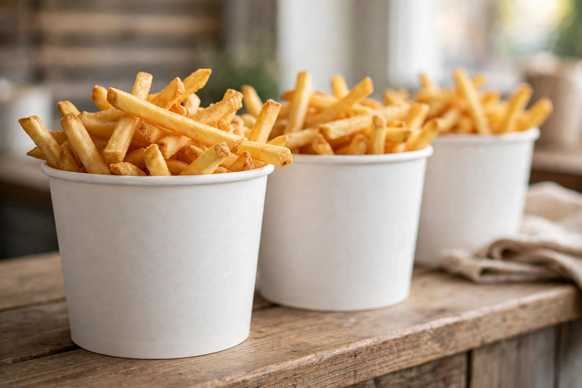 Single-serve paper food buckets with french fries
