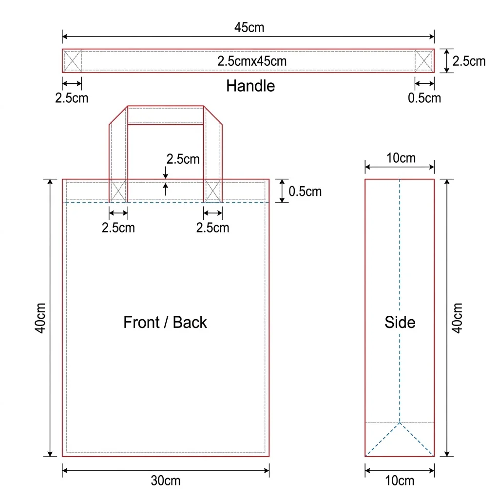 Custom non-woven tote bag dieline with 30 x 40 cm front/back panel, 10 cm side gusset and 2.5 x 45 cm handles