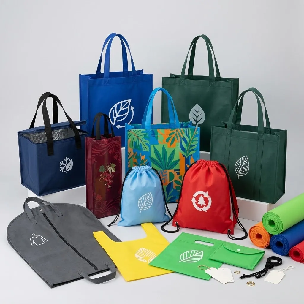 Assortment of custom eco non-woven bags: tote bags, insulated cooler bag, wine bag, drawstring bags, garment cover, vest bag, die-cut bag and non-woven fabric rolls