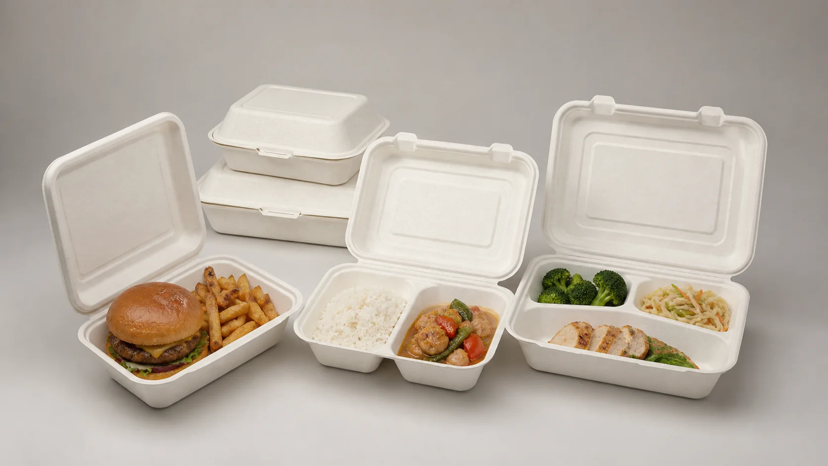 Bagasse clamshell boxes for burgers, rice meals and compartmented takeaway orders