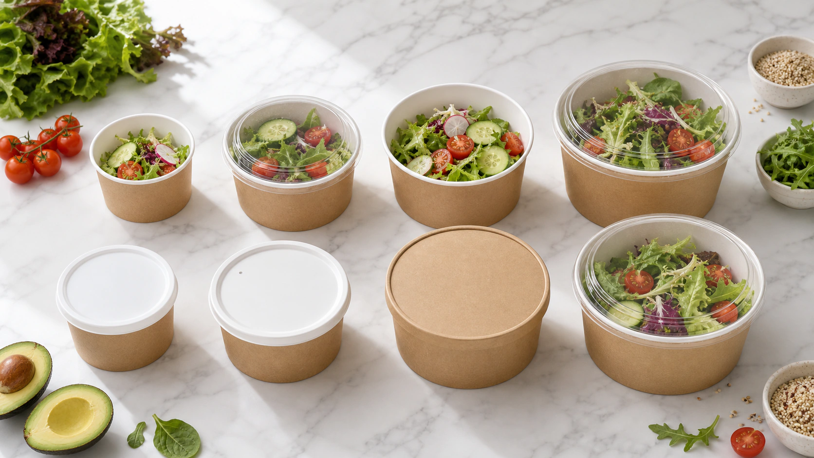 Kraft and white paper salad bowls for prepared meals and cold display