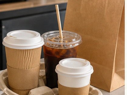 Paper coffee cups in a carrier with a kraft takeaway bag