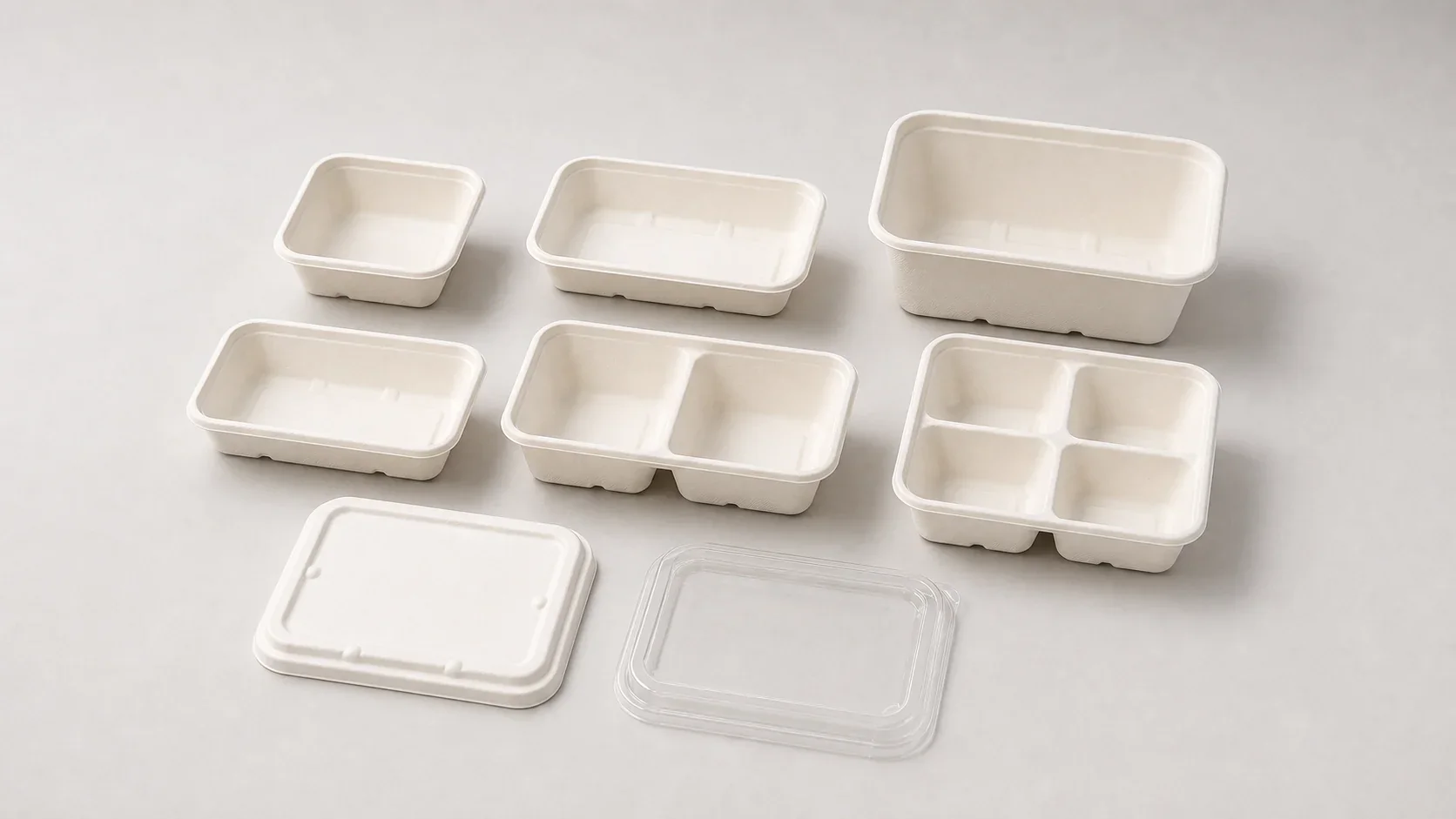 Bagasse food container size compartment and lid lineup