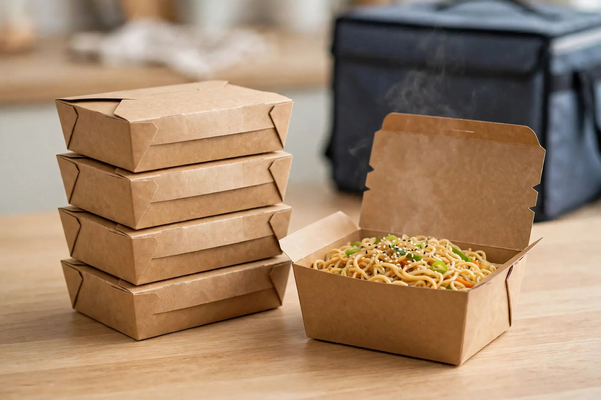 Stacked kraft lunch boxes ready for delivery pickup