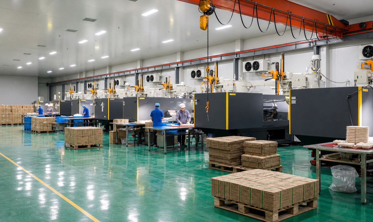 Food packaging forming production line with operators and packed materials