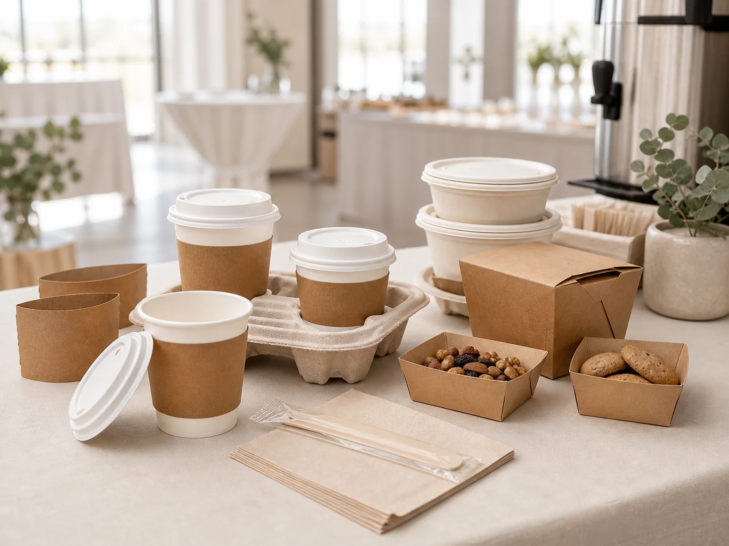 Paper cups, fitted lids, sleeves, drink carriers and snack trays at a conference beverage station