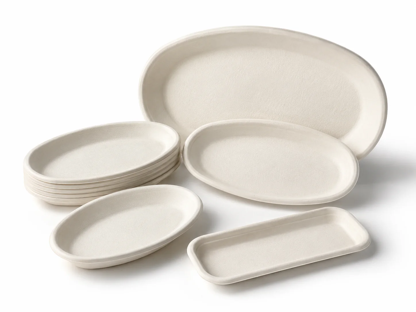 Oval and narrow sugarcane bagasse serving plate formats