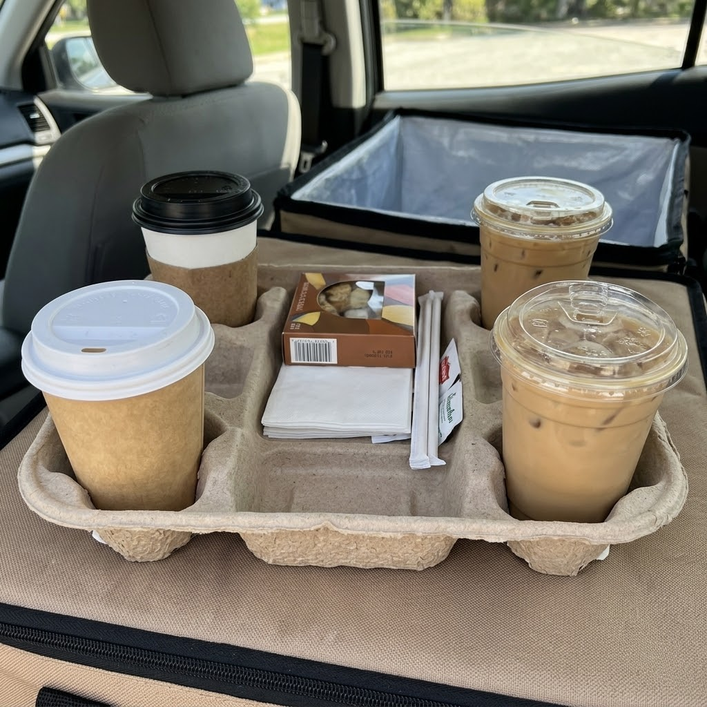 Four-cup carrier with tray space for group food and drink orders