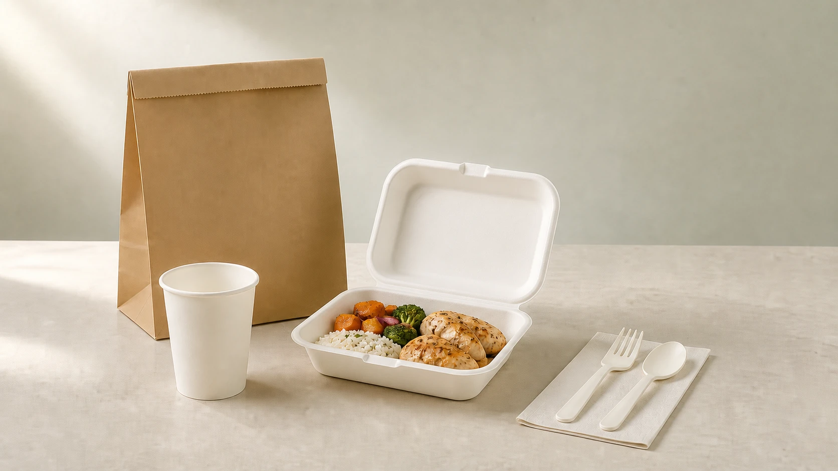 Paper drink packaging, bagasse meal container and cornstarch-based cutlery arranged as a coordinated takeaway program