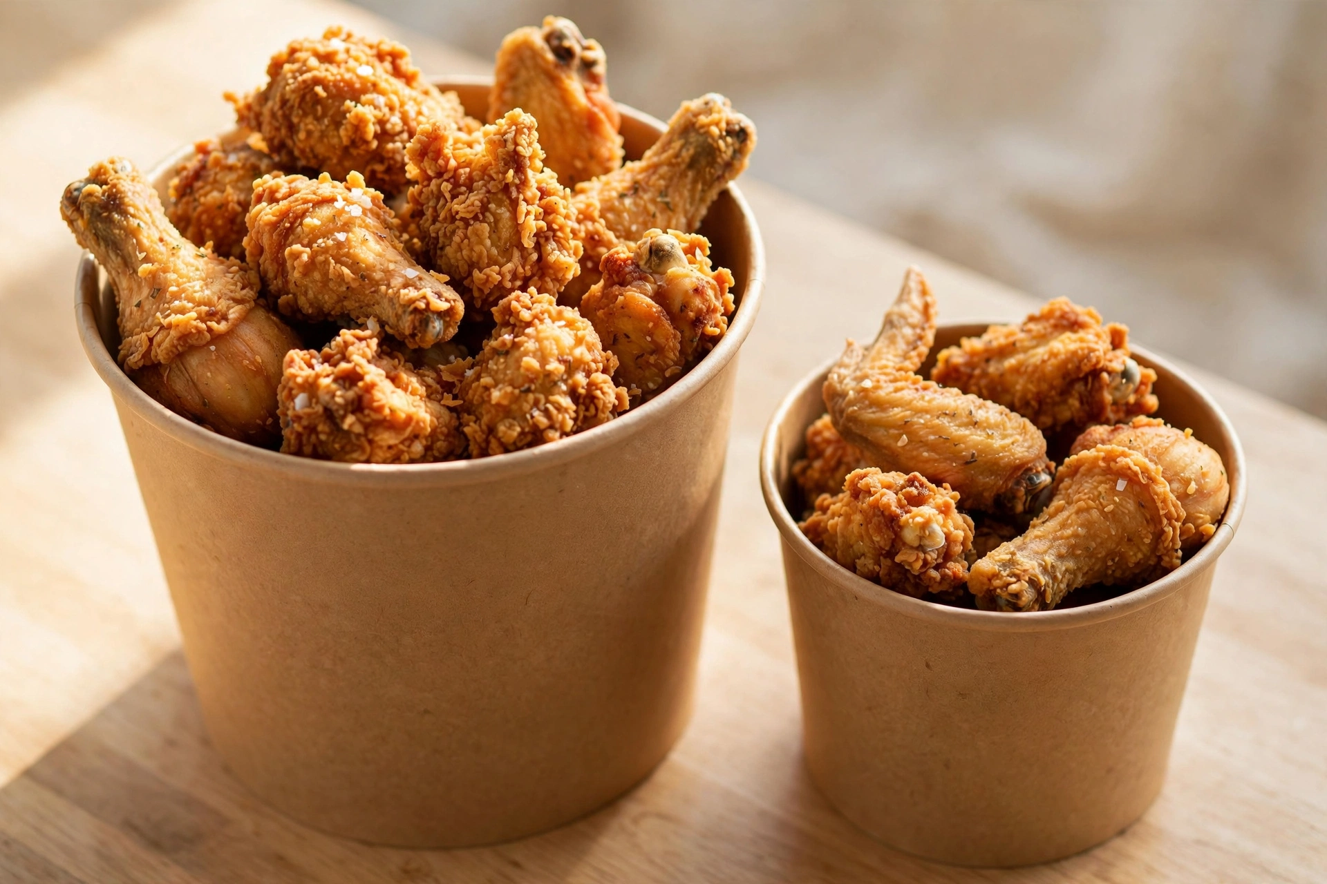 Kraft paper buckets filled with fried chicken