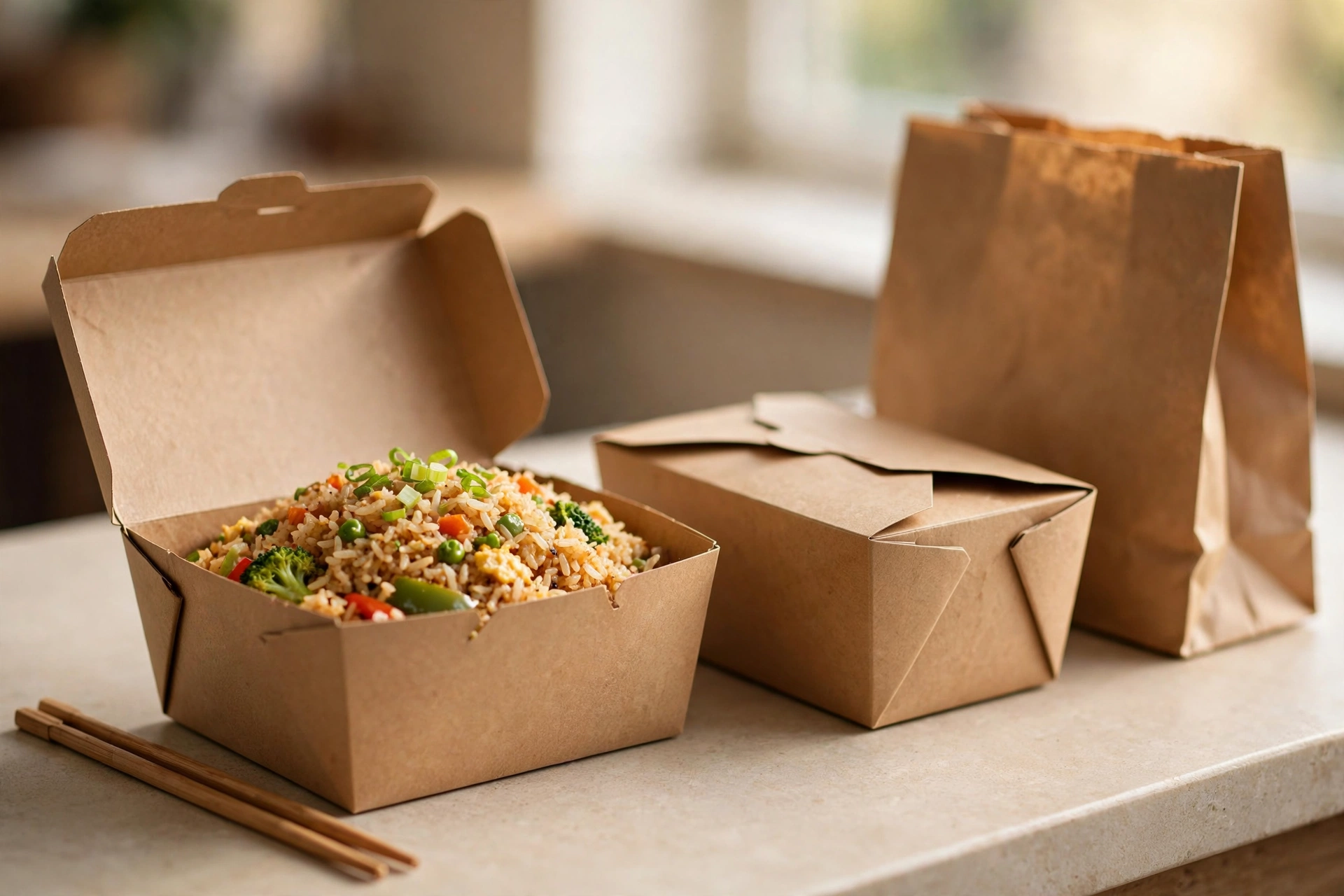 Kraft takeout boxes with fried rice for restaurant delivery