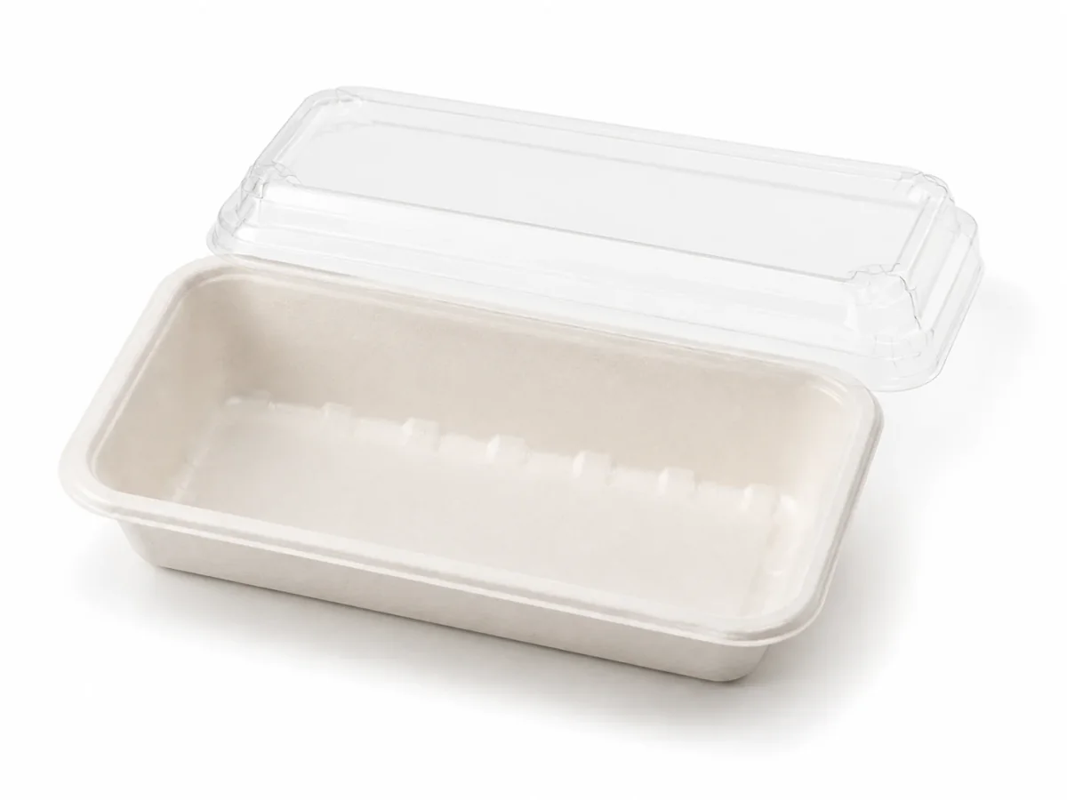 Bagasse sushi tray with matching clear PET lid on white background