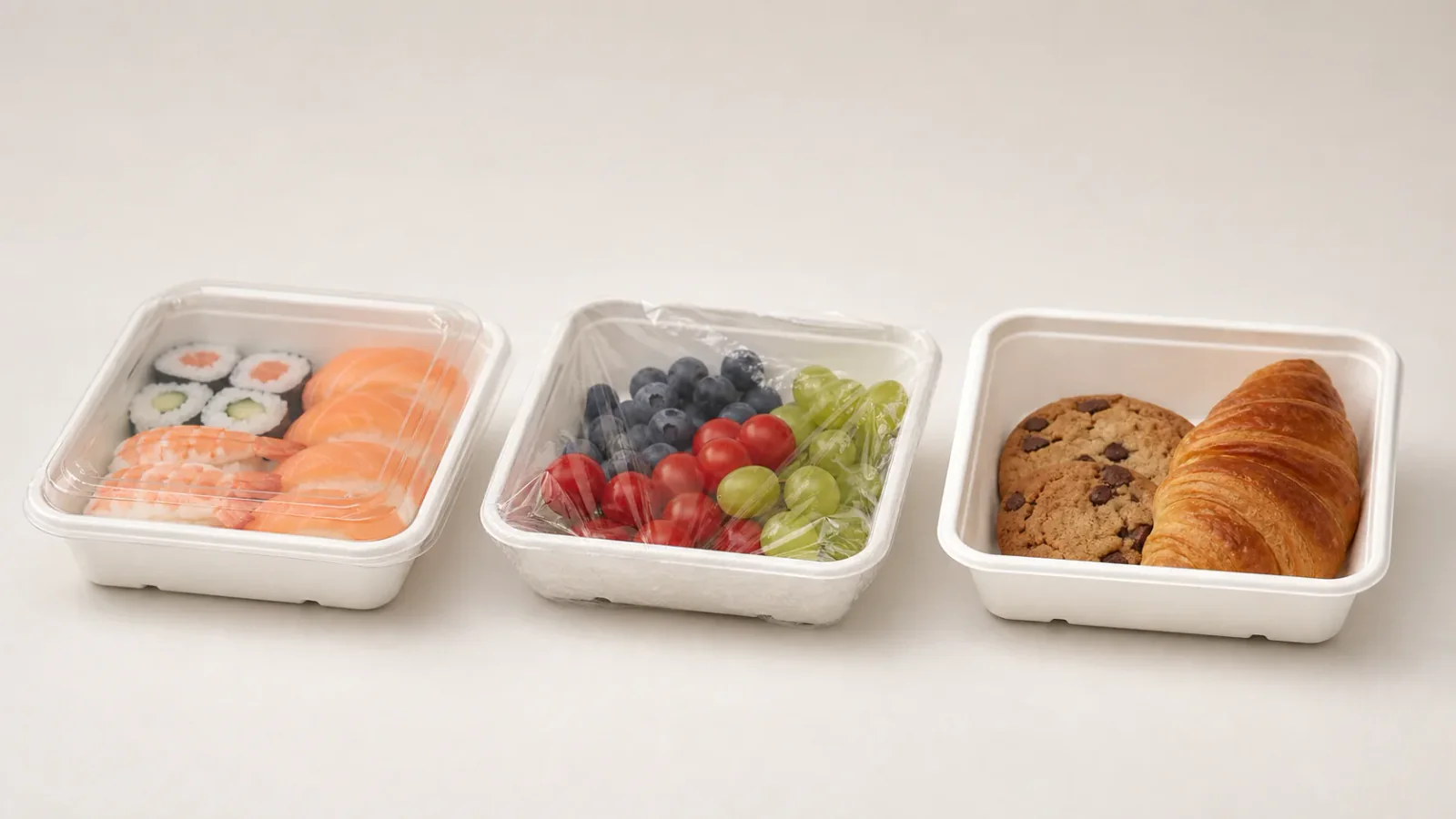Selection guide for sushi produce meat and large bagasse trays