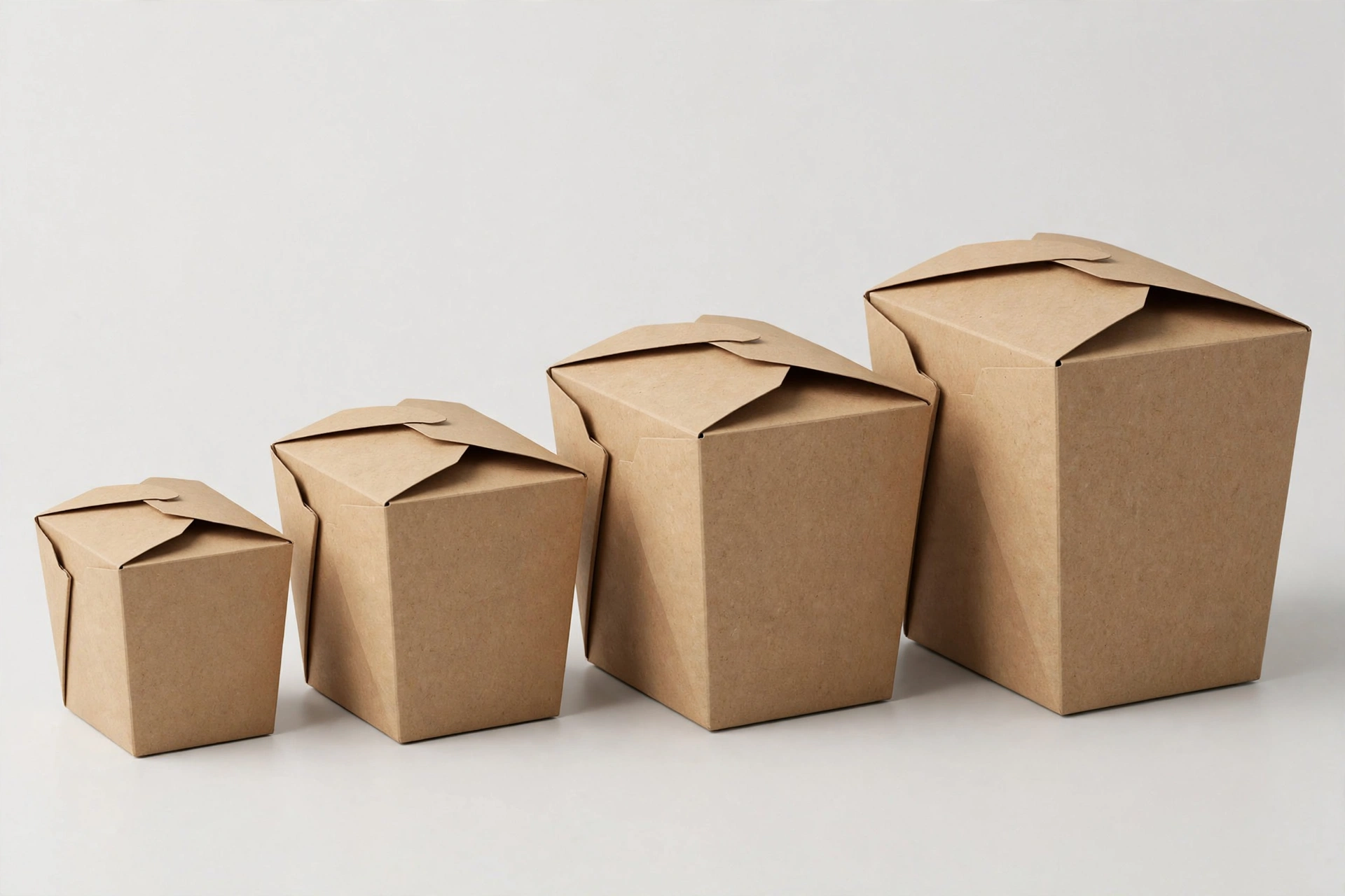 Kraft takeout boxes in four ascending sizes with lids closed