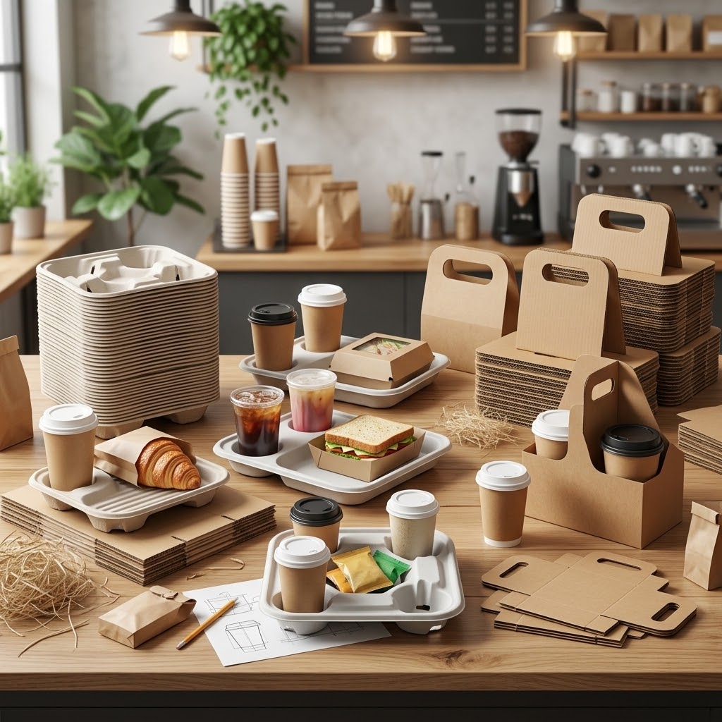 Paper cup carriers holding coffee cups on a café counter