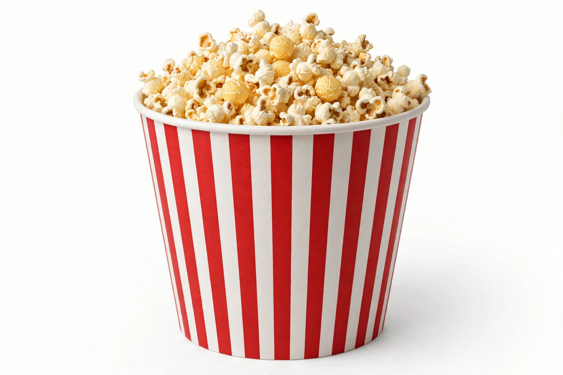 Classic striped paper popcorn bucket, filled and ready to serve