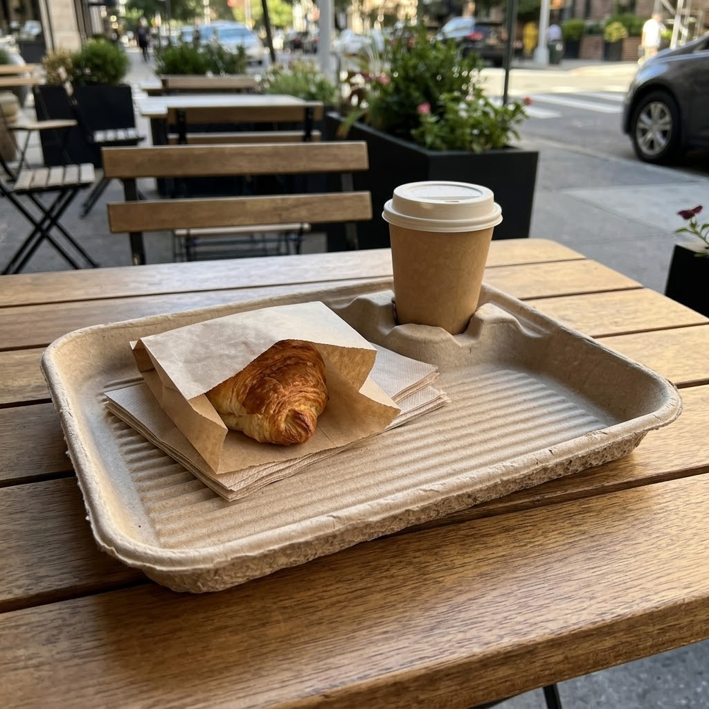 Single cup carrier with tray section for pastry and coffee