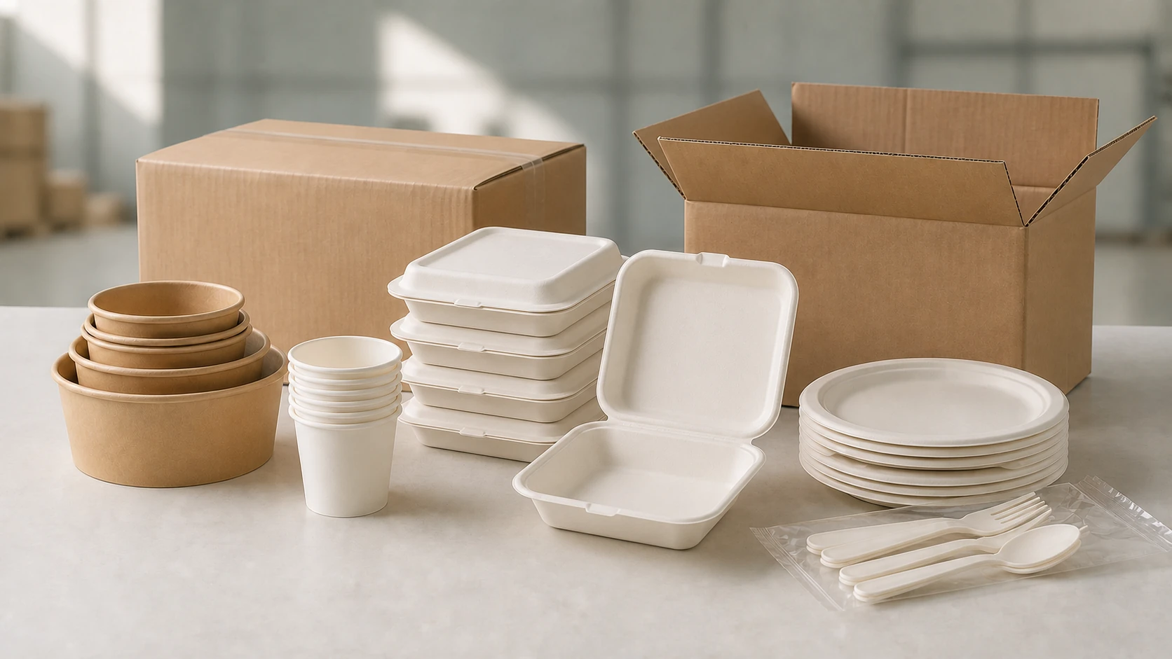 Paper, bagasse and cornstarch-based packaging organized for controlled wholesale supply and repeat orders