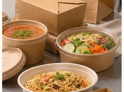 Rice, noodle and salad bowls with kraft takeout boxes for combo orders