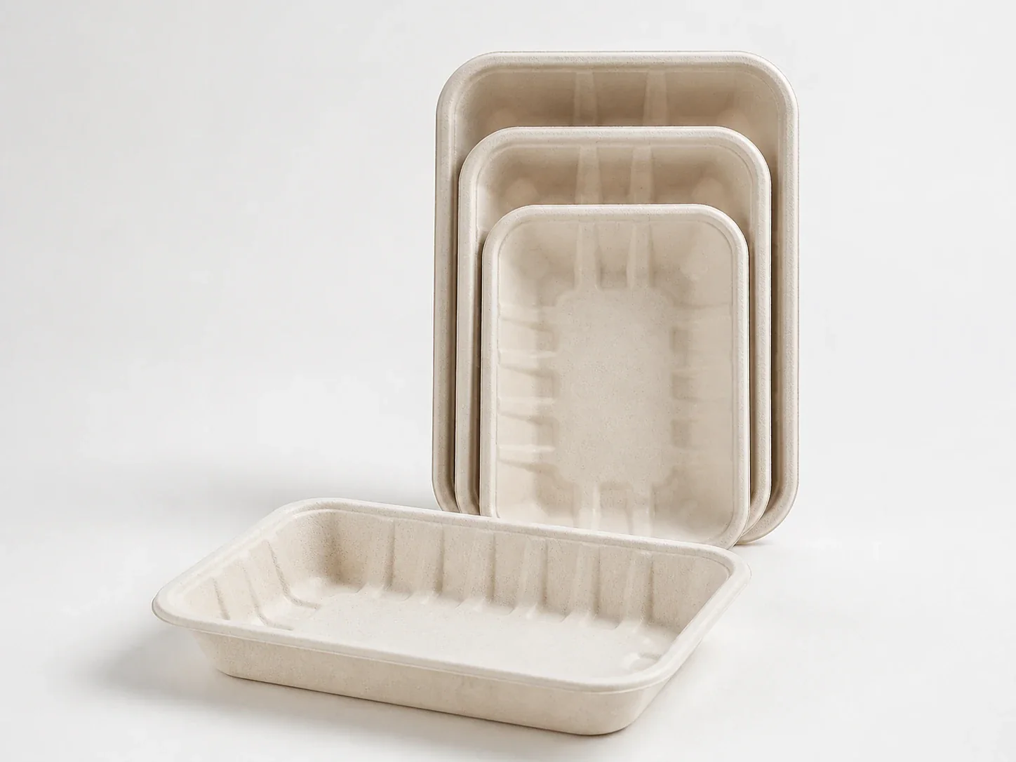 Four molded bagasse food tray sizes in a nested product display
