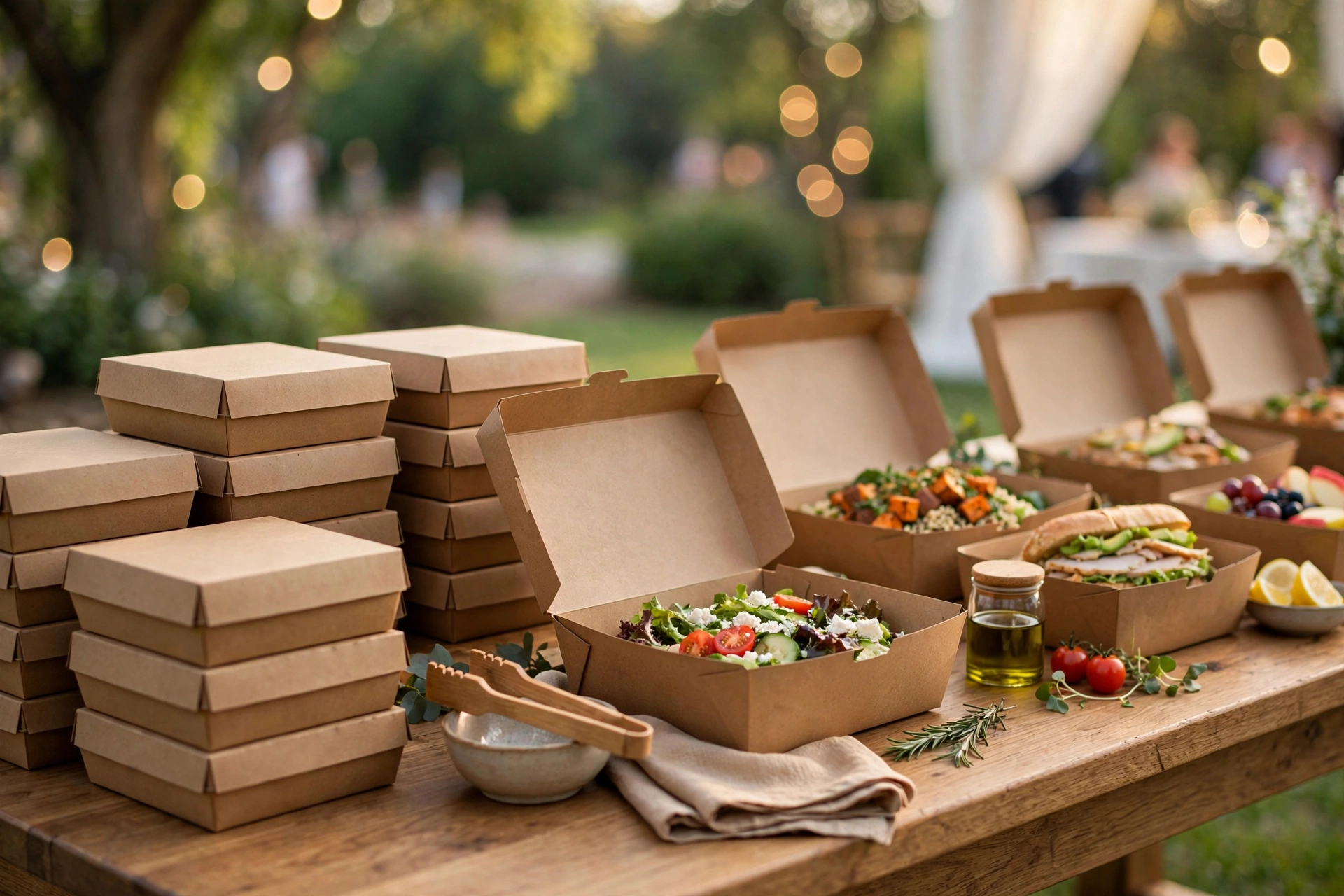 Catering table with stacked kraft lunch boxes and open salad boxes